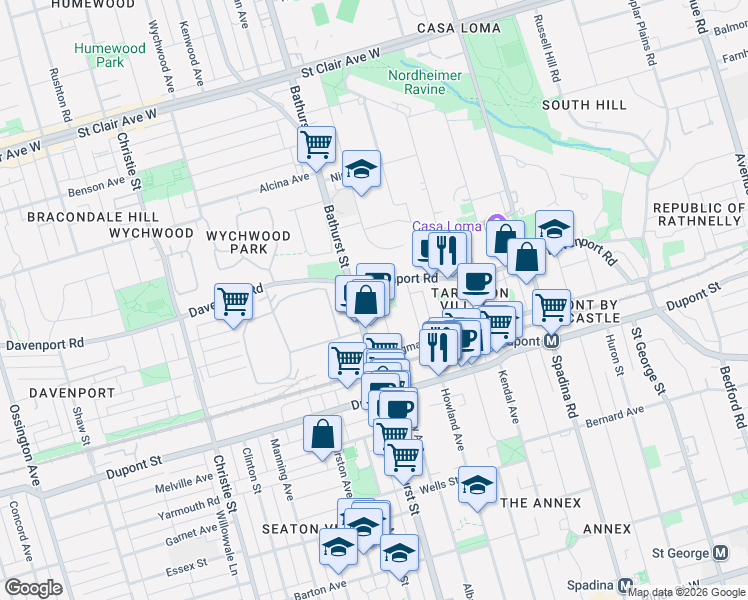 map of restaurants, bars, coffee shops, grocery stores, and more near in Toronto