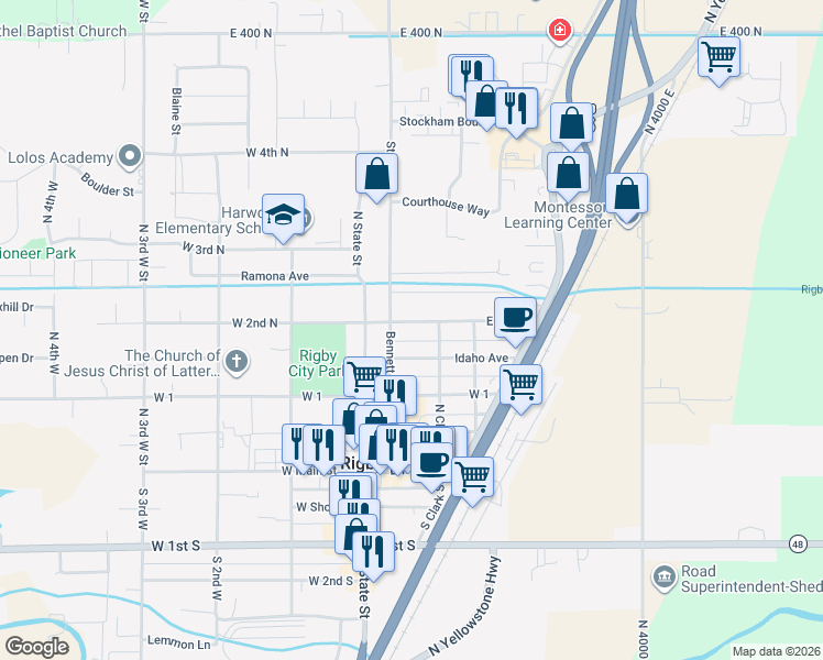 map of restaurants, bars, coffee shops, grocery stores, and more near 154 East 2nd North in Rigby