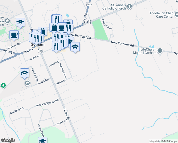map of restaurants, bars, coffee shops, grocery stores, and more near 14 Whispering Pines Lane in Gorham