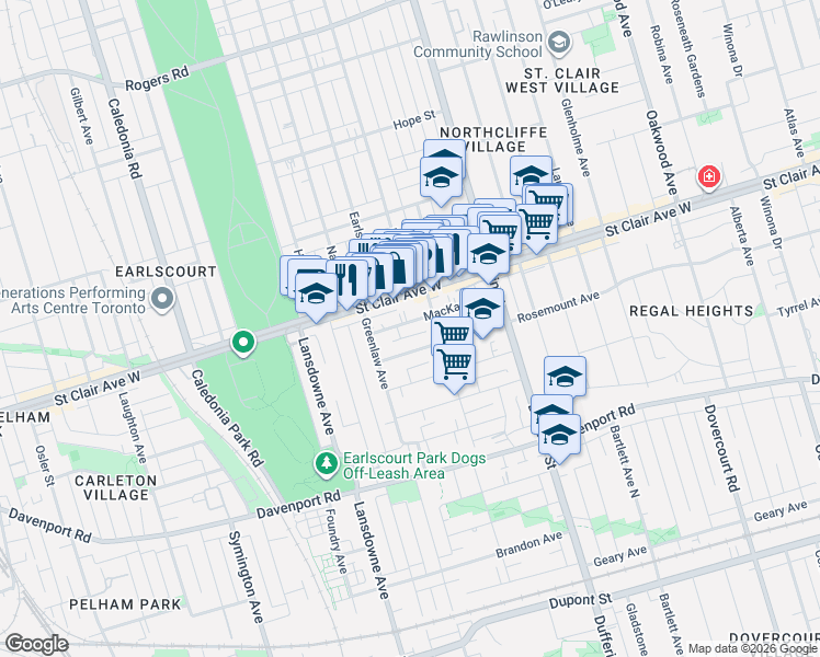 map of restaurants, bars, coffee shops, grocery stores, and more near 87 Mackay Avenue in Toronto
