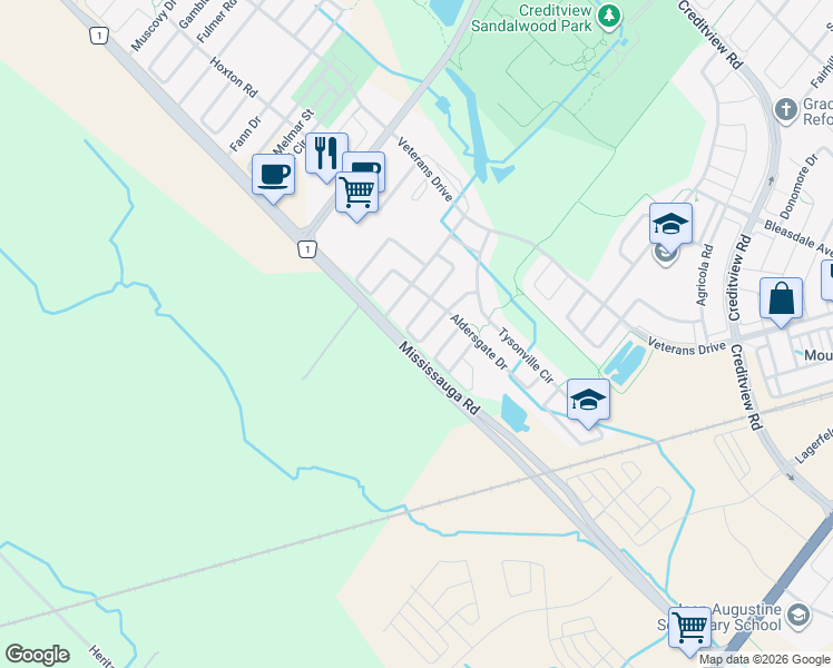 map of restaurants, bars, coffee shops, grocery stores, and more near 27 Rockman Crescent in Brampton
