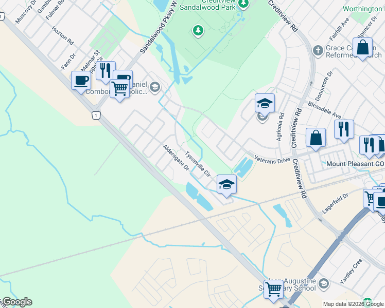 map of restaurants, bars, coffee shops, grocery stores, and more near in Brampton