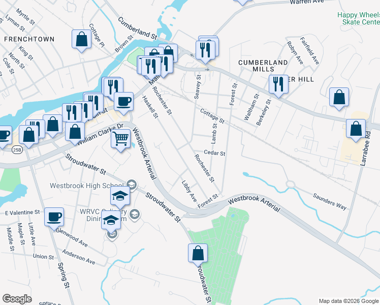 map of restaurants, bars, coffee shops, grocery stores, and more near 137 Haskell Street in Westbrook