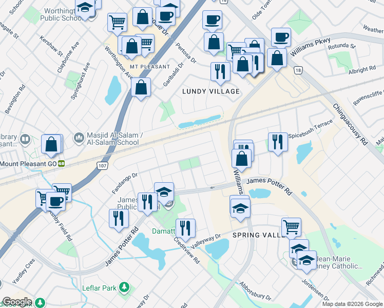 map of restaurants, bars, coffee shops, grocery stores, and more near 17 Chudleigh Avenue in Brampton