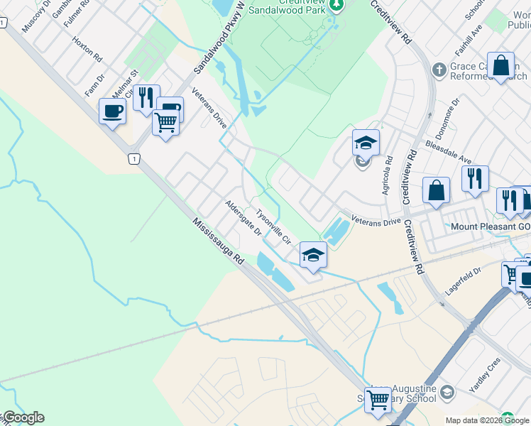 map of restaurants, bars, coffee shops, grocery stores, and more near 54 Tysonville Circle in Brampton
