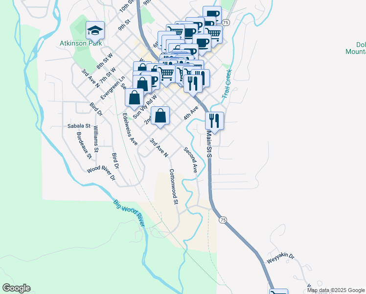 map of restaurants, bars, coffee shops, grocery stores, and more near 593 2nd Avenue South in Ketchum