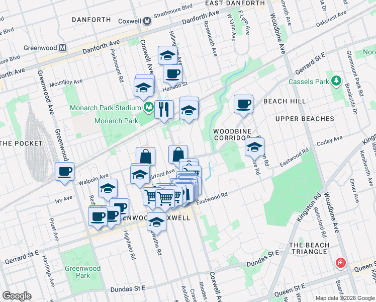 map of restaurants, bars, coffee shops, grocery stores, and more near 208 Gainsborough Road in Toronto