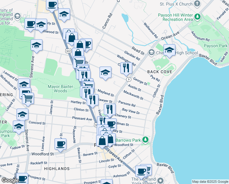 map of restaurants, bars, coffee shops, grocery stores, and more near 4 Parsons Road in Portland