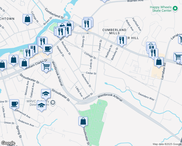 map of restaurants, bars, coffee shops, grocery stores, and more near 150 Lamb Street in Westbrook