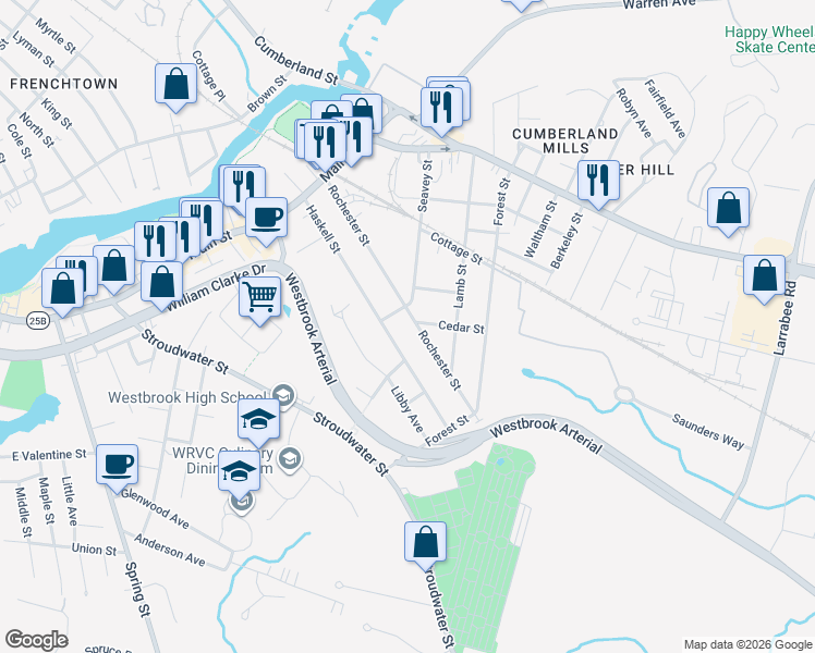 map of restaurants, bars, coffee shops, grocery stores, and more near 137 Haskell Street in Westbrook