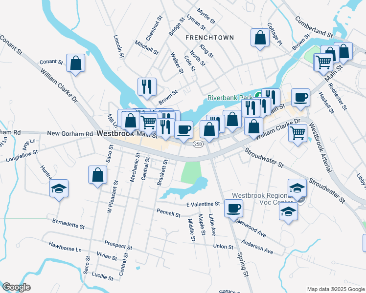 map of restaurants, bars, coffee shops, grocery stores, and more near 810 Main Street in Westbrook