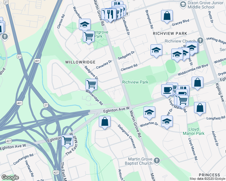 map of restaurants, bars, coffee shops, grocery stores, and more near in Toronto
