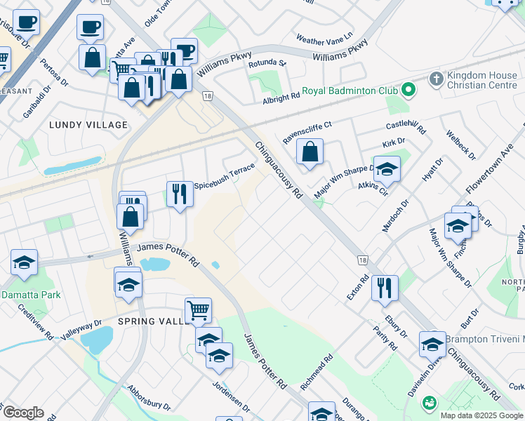 map of restaurants, bars, coffee shops, grocery stores, and more near in Brampton