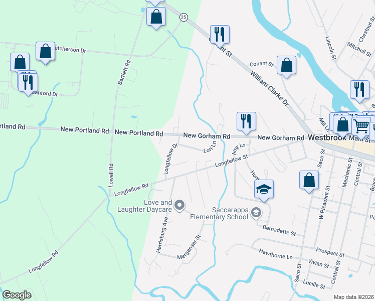 map of restaurants, bars, coffee shops, grocery stores, and more near 25 Anne Terrace in Westbrook