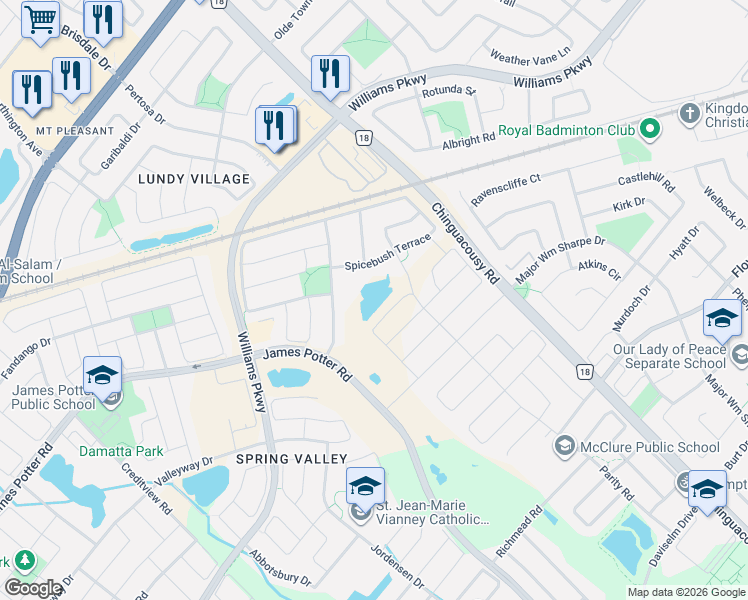 map of restaurants, bars, coffee shops, grocery stores, and more near 41 Peak Drive in Brampton