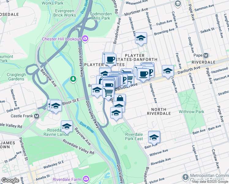 map of restaurants, bars, coffee shops, grocery stores, and more near 123 Danforth Avenue in Toronto