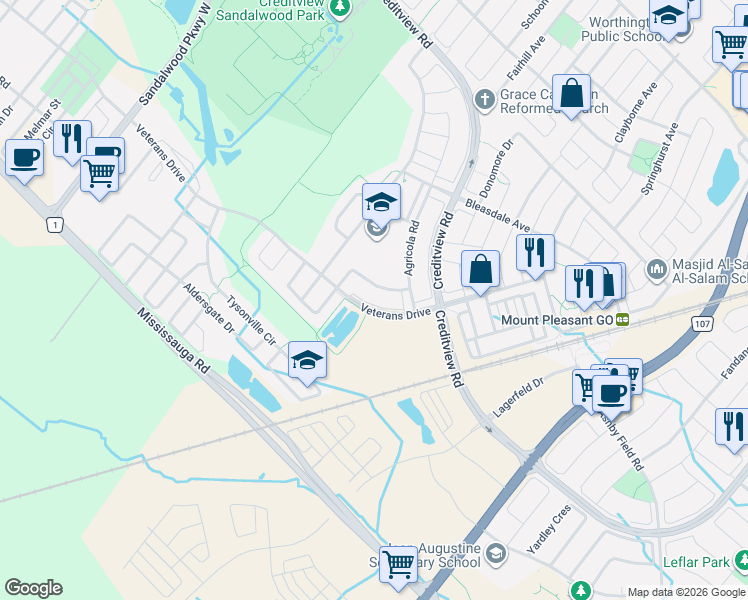 map of restaurants, bars, coffee shops, grocery stores, and more near 13 Bonsai Lane in Brampton