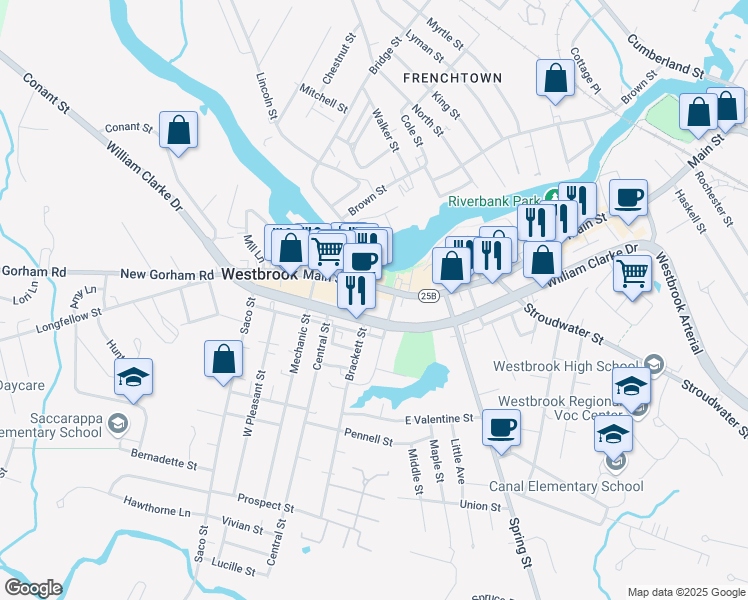 map of restaurants, bars, coffee shops, grocery stores, and more near 12 Westbrook Common in Westbrook