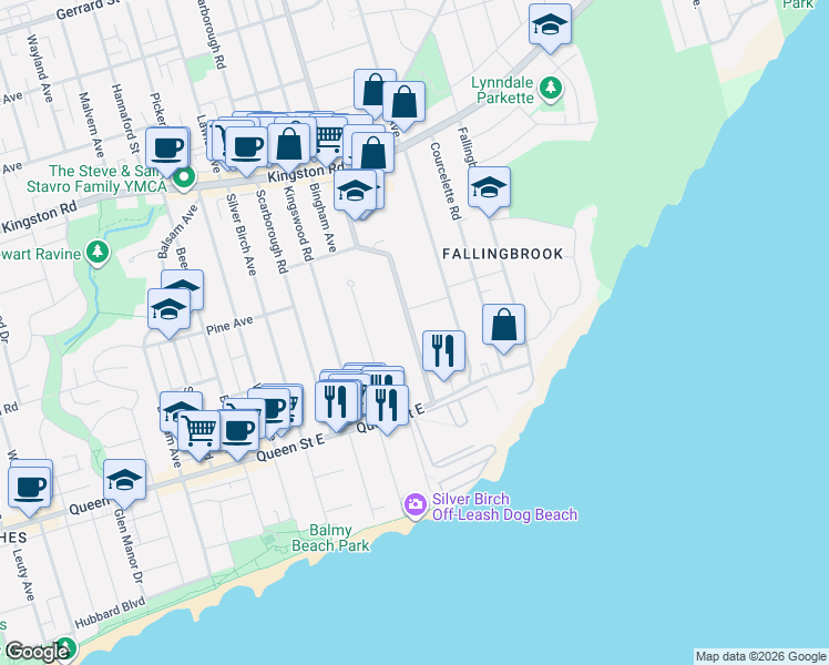 map of restaurants, bars, coffee shops, grocery stores, and more near 37 Victoria Park Avenue in Toronto