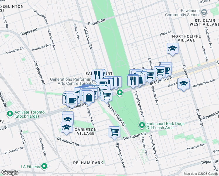 map of restaurants, bars, coffee shops, grocery stores, and more near 14 McRoberts Avenue in Toronto