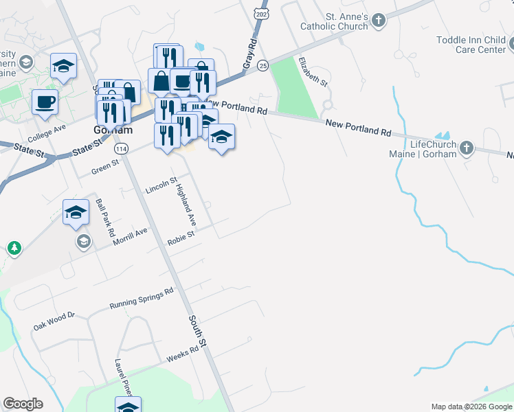 map of restaurants, bars, coffee shops, grocery stores, and more near 14 Whispering Pines Lane in Gorham