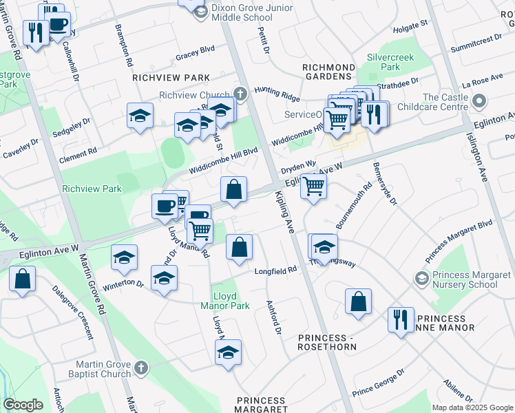map of restaurants, bars, coffee shops, grocery stores, and more near 35 Warrender Avenue in Toronto