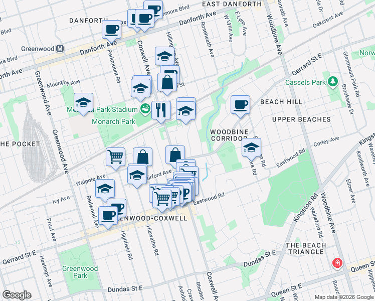 map of restaurants, bars, coffee shops, grocery stores, and more near 208 Gainsborough Road in Toronto