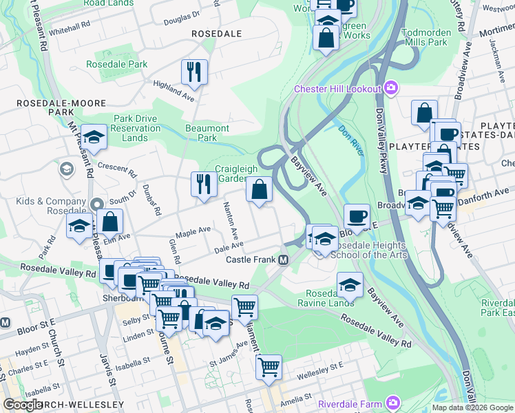 map of restaurants, bars, coffee shops, grocery stores, and more near in Toronto