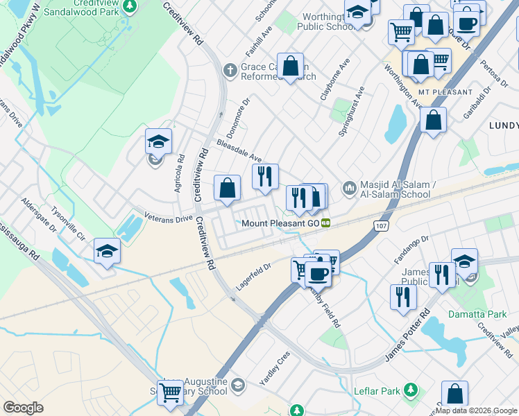 map of restaurants, bars, coffee shops, grocery stores, and more near 122 Baycliffe Crescent in Brampton