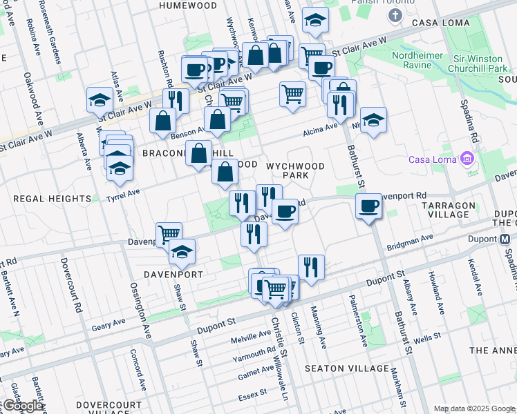map of restaurants, bars, coffee shops, grocery stores, and more near 19 Braemore Gardens in Toronto