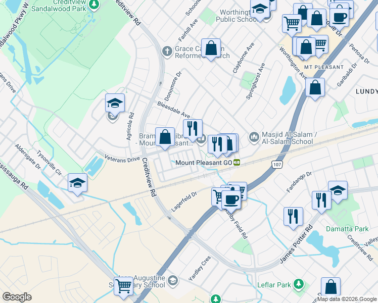 map of restaurants, bars, coffee shops, grocery stores, and more near 122 Baycliffe Crescent in Brampton
