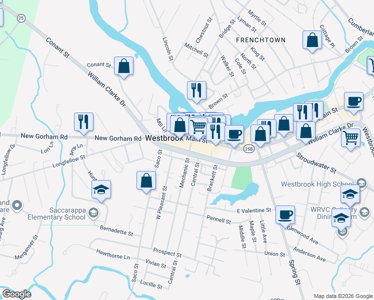 map of restaurants, bars, coffee shops, grocery stores, and more near 918 Main Street in Westbrook