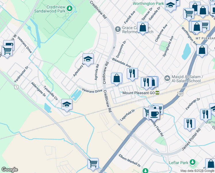 map of restaurants, bars, coffee shops, grocery stores, and more near 52 Ganton Heights in Brampton