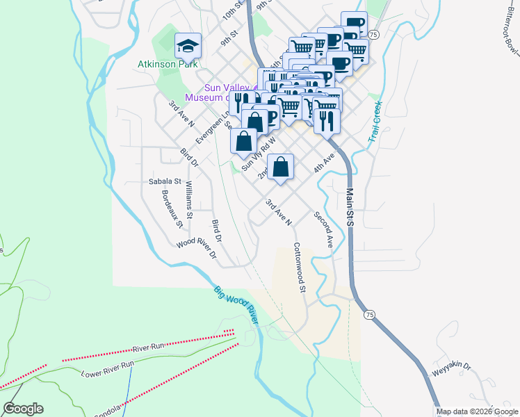 map of restaurants, bars, coffee shops, grocery stores, and more near 201-237 3rd Avenue in Ketchum