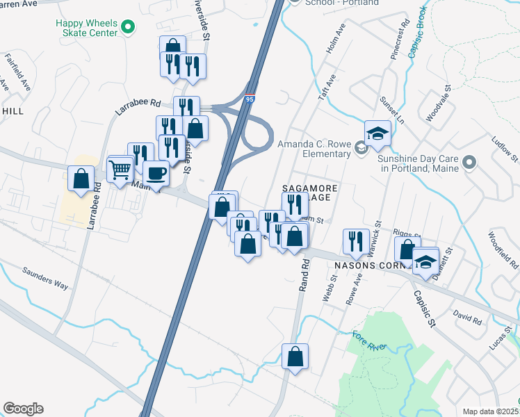 map of restaurants, bars, coffee shops, grocery stores, and more near 1125 Brighton Avenue in Portland
