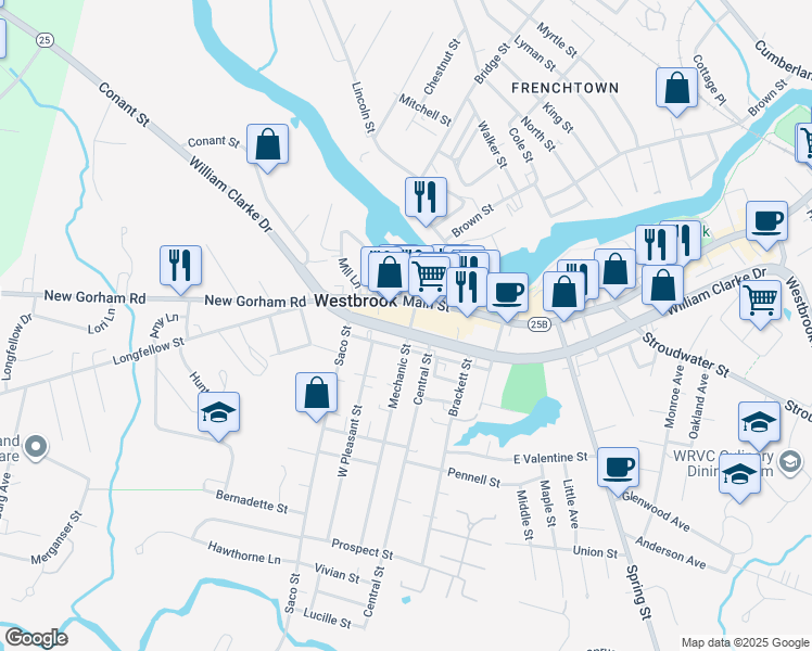 map of restaurants, bars, coffee shops, grocery stores, and more near 918 Main Street in Westbrook