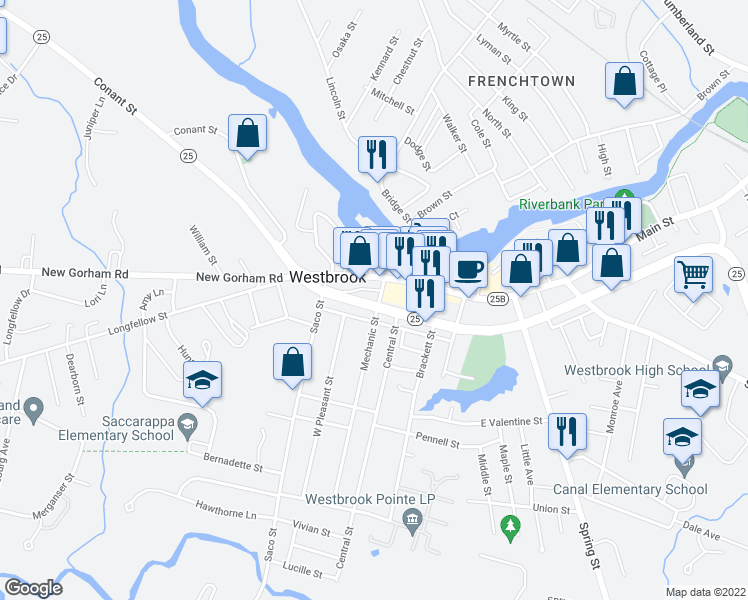map of restaurants, bars, coffee shops, grocery stores, and more near 918 Main Street in Westbrook