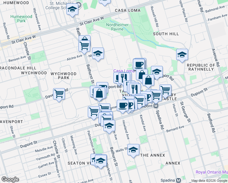 map of restaurants, bars, coffee shops, grocery stores, and more near in Toronto