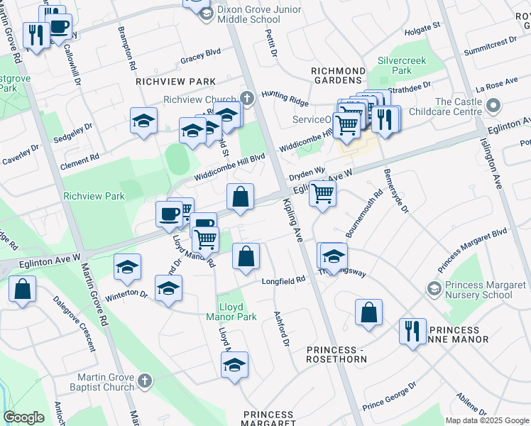 map of restaurants, bars, coffee shops, grocery stores, and more near in Toronto