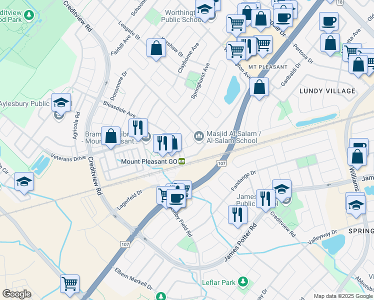 map of restaurants, bars, coffee shops, grocery stores, and more near 7 Viewforth Road in Brampton