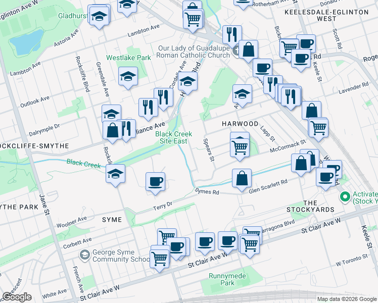 map of restaurants, bars, coffee shops, grocery stores, and more near in Toronto