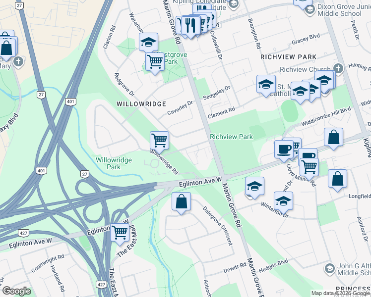map of restaurants, bars, coffee shops, grocery stores, and more near 35 Richgrove Drive in Toronto