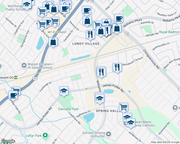 map of restaurants, bars, coffee shops, grocery stores, and more near 96 Owlridge Drive in Brampton