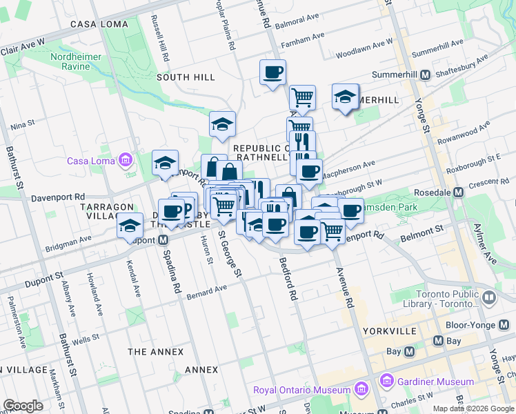 map of restaurants, bars, coffee shops, grocery stores, and more near 108 Dupont Street in Toronto