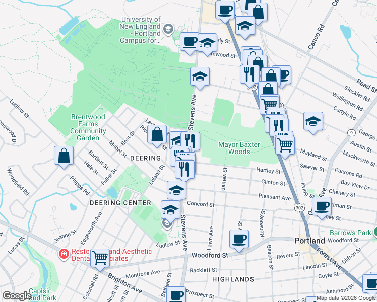 map of restaurants, bars, coffee shops, grocery stores, and more near 522 Stevens Avenue in Portland