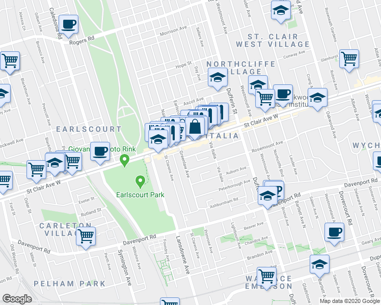 map of restaurants, bars, coffee shops, grocery stores, and more near 118 Mackay Avenue in Toronto