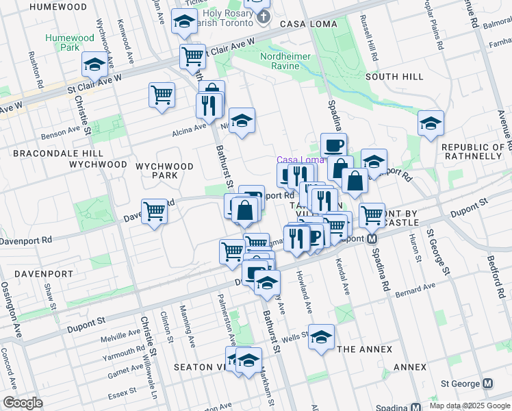 map of restaurants, bars, coffee shops, grocery stores, and more near 379 Albany Avenue in Toronto