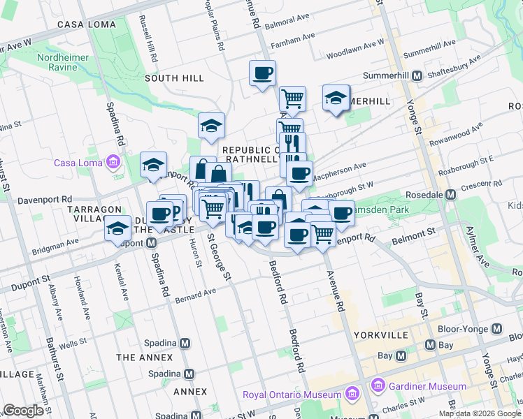 map of restaurants, bars, coffee shops, grocery stores, and more near 253 Bedford Road in Toronto