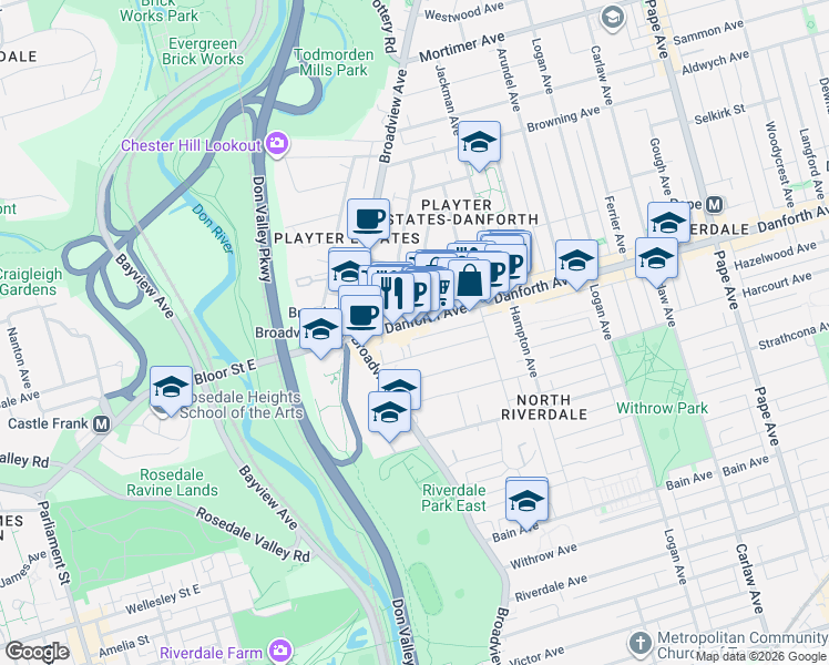 map of restaurants, bars, coffee shops, grocery stores, and more near 177 Danforth Avenue in Toronto