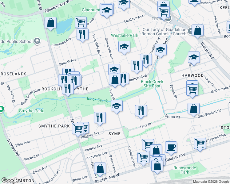 map of restaurants, bars, coffee shops, grocery stores, and more near 501 Alliance Avenue in Toronto